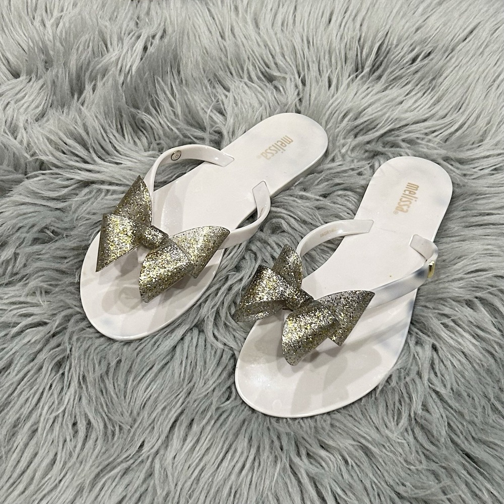 MELISSA Harmonic Gold Silver Bow Flip Flop Sandals Womens Size 3/Girls Size 5